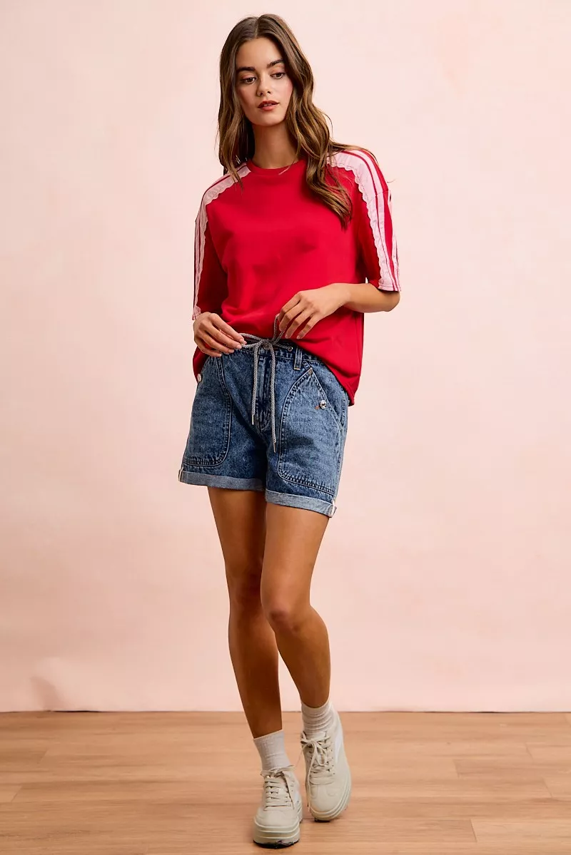 BiBi French Terry Side Lace Detail Short Sleeves Top, image 31