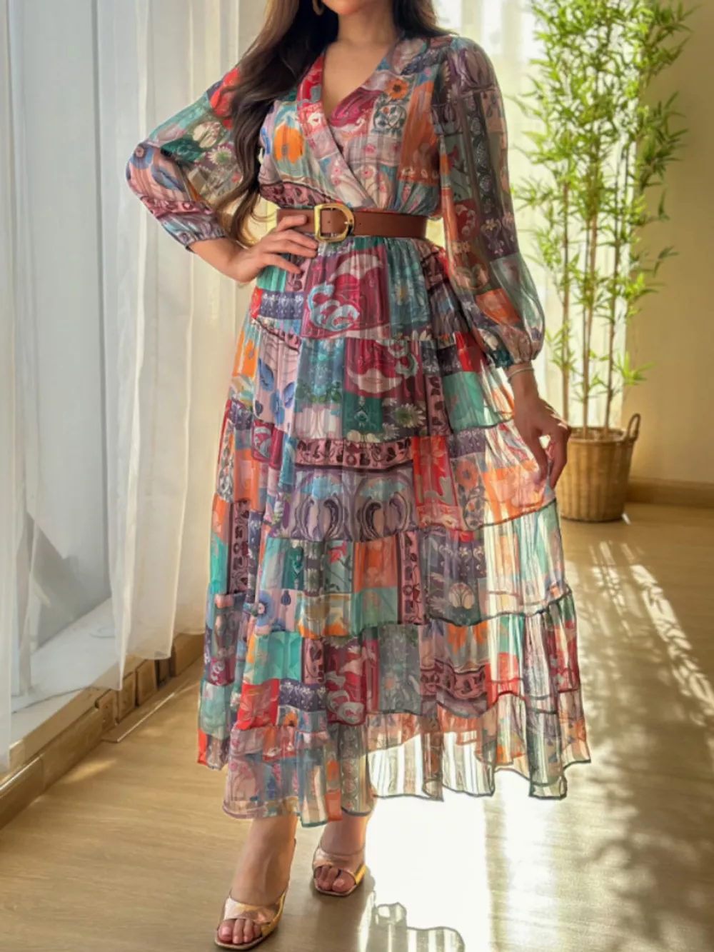 Printed Surplice Long Sleeve Maxi Dress