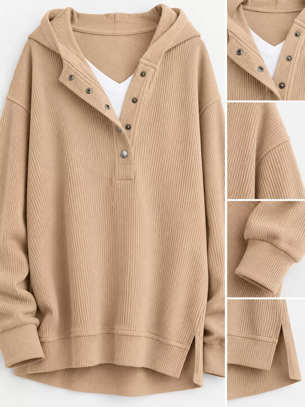 Full Size Snap Button Placket Dropped Shoulder Hoodie Plus Size, image 27
