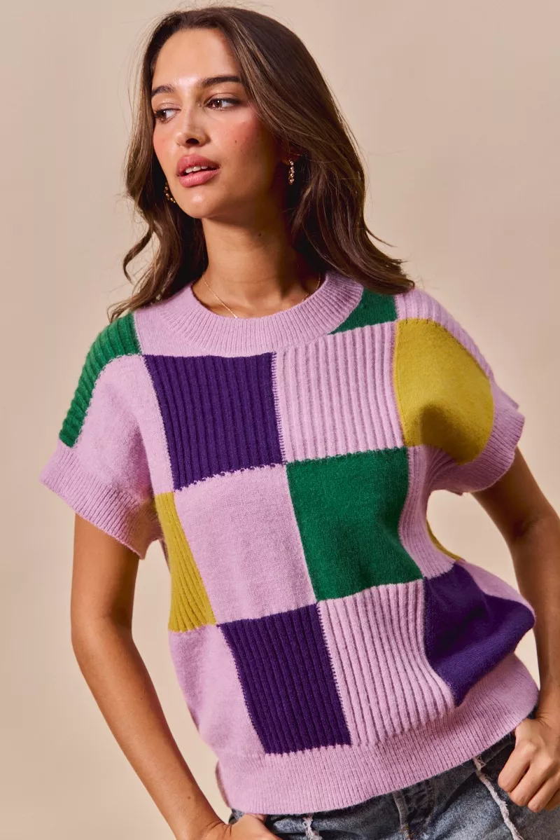 Mardi Gras Check Plaid Casual Sweater Top, image 15