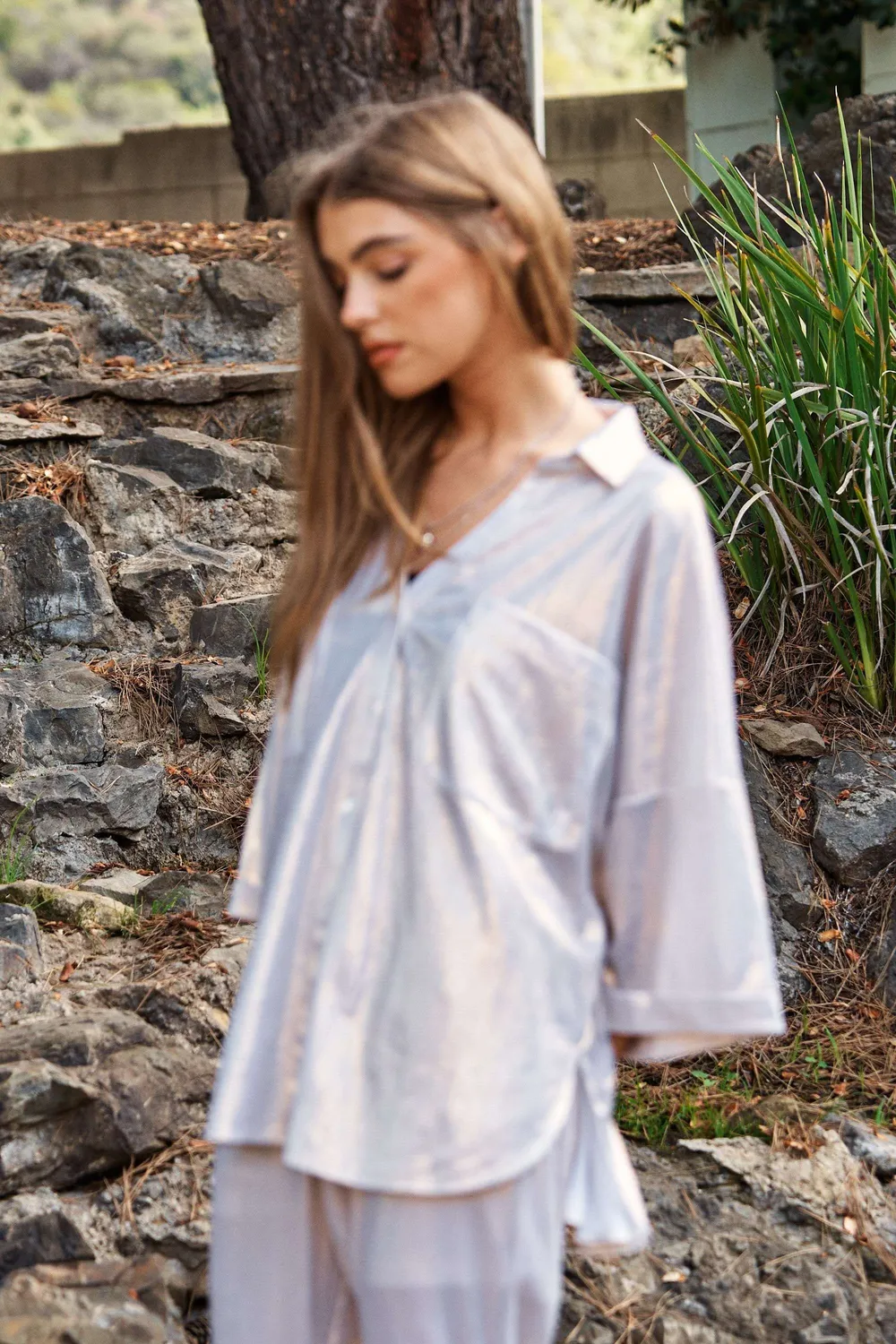 Solid Sparkling Shimmer Pocket Button Front Shirt, image 6