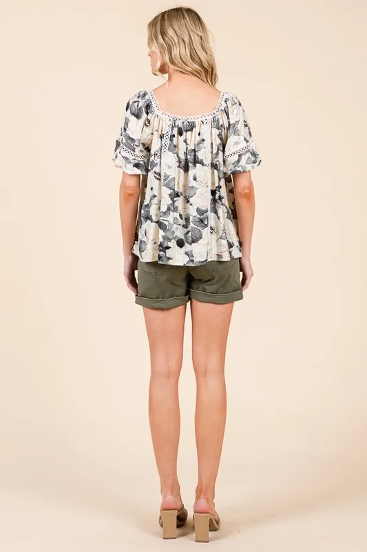 Floral Print Lace Trim Puff Sleeve Blouse, image 10