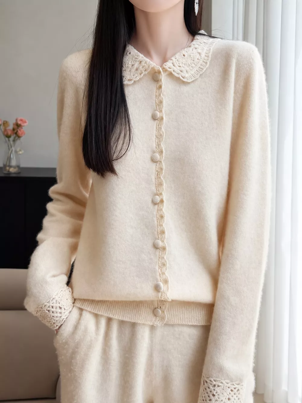 Lace-Collar Button Down Knit Cardigan, image 7