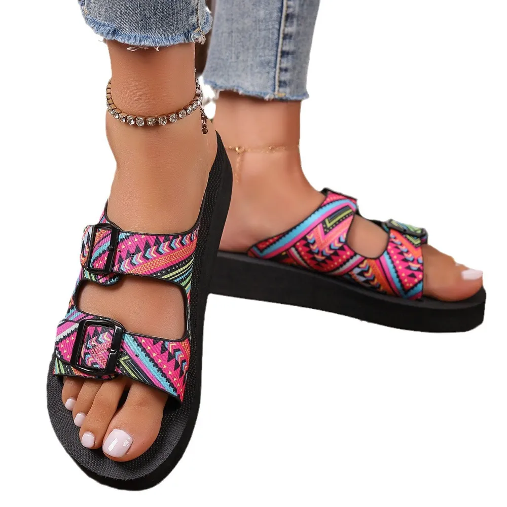 Ethnic Print Double Buckle Sandals, image 3