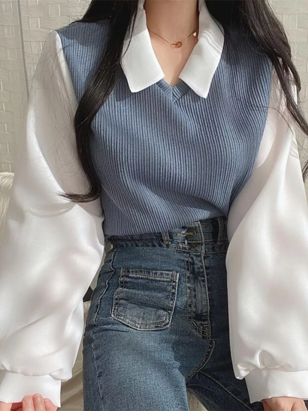 Layered Look Long Sleeve Blouse, image 3