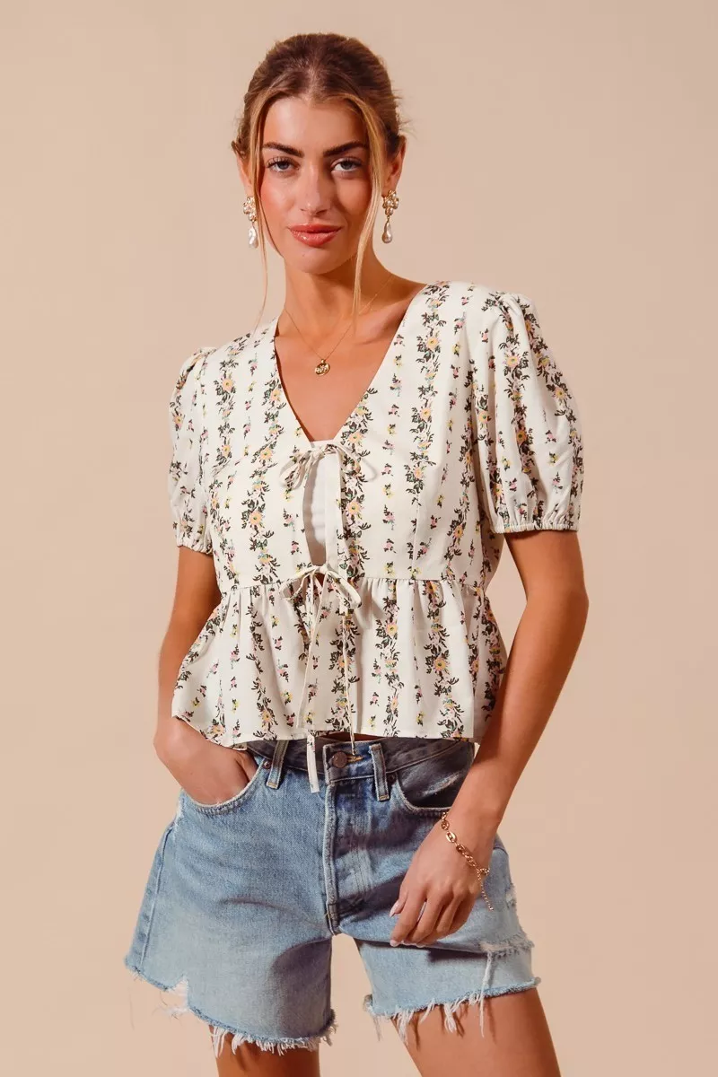 Floral Print Tie Front Shirred Hem Blouse, image 5