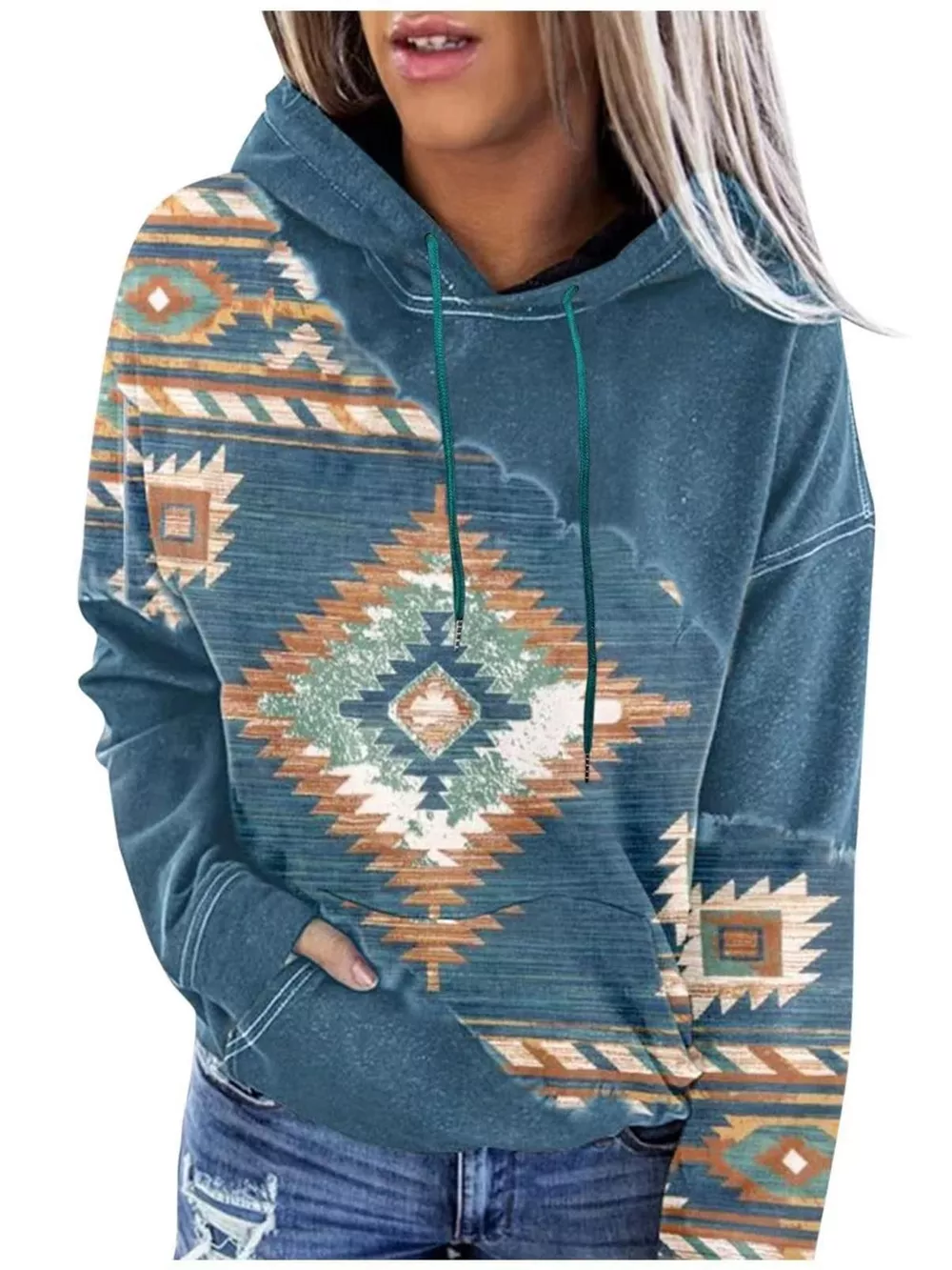 Full Size Aztec Print Hoodie with Kangaroo Pocket Plus Size, image 4