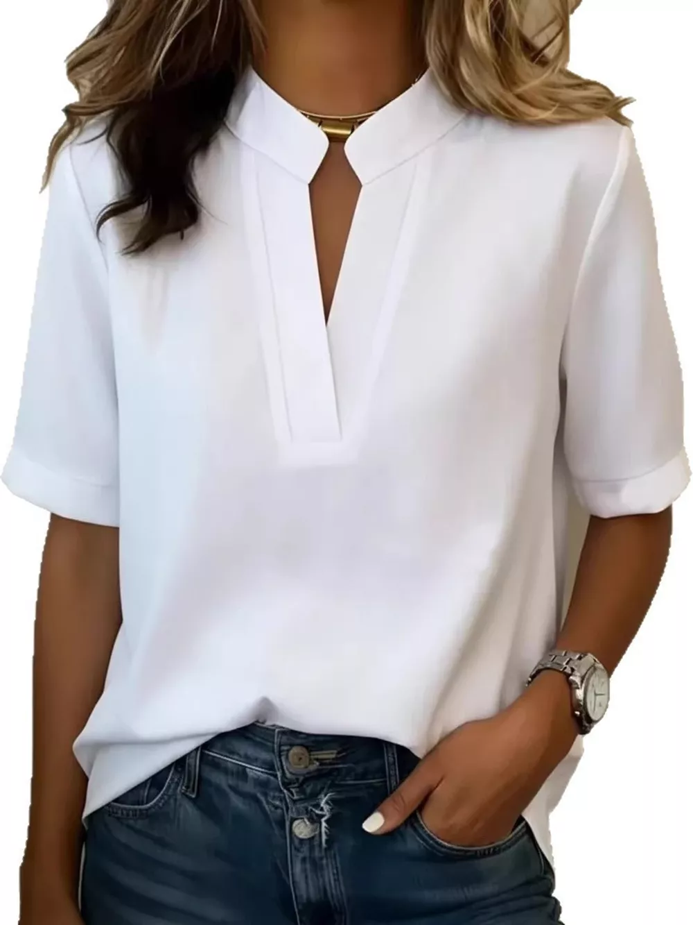 Full Size Notched Short Sleeve Blouse Plus Size, image 11