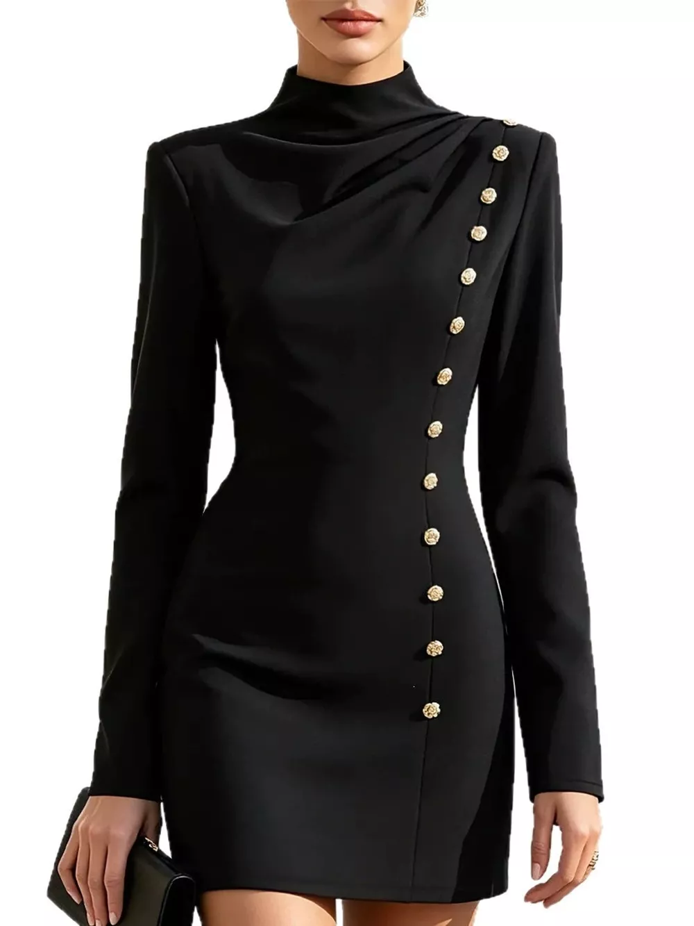 Full Size Decorative Button Mock Neck Mini Dress Plus Size, image 5
