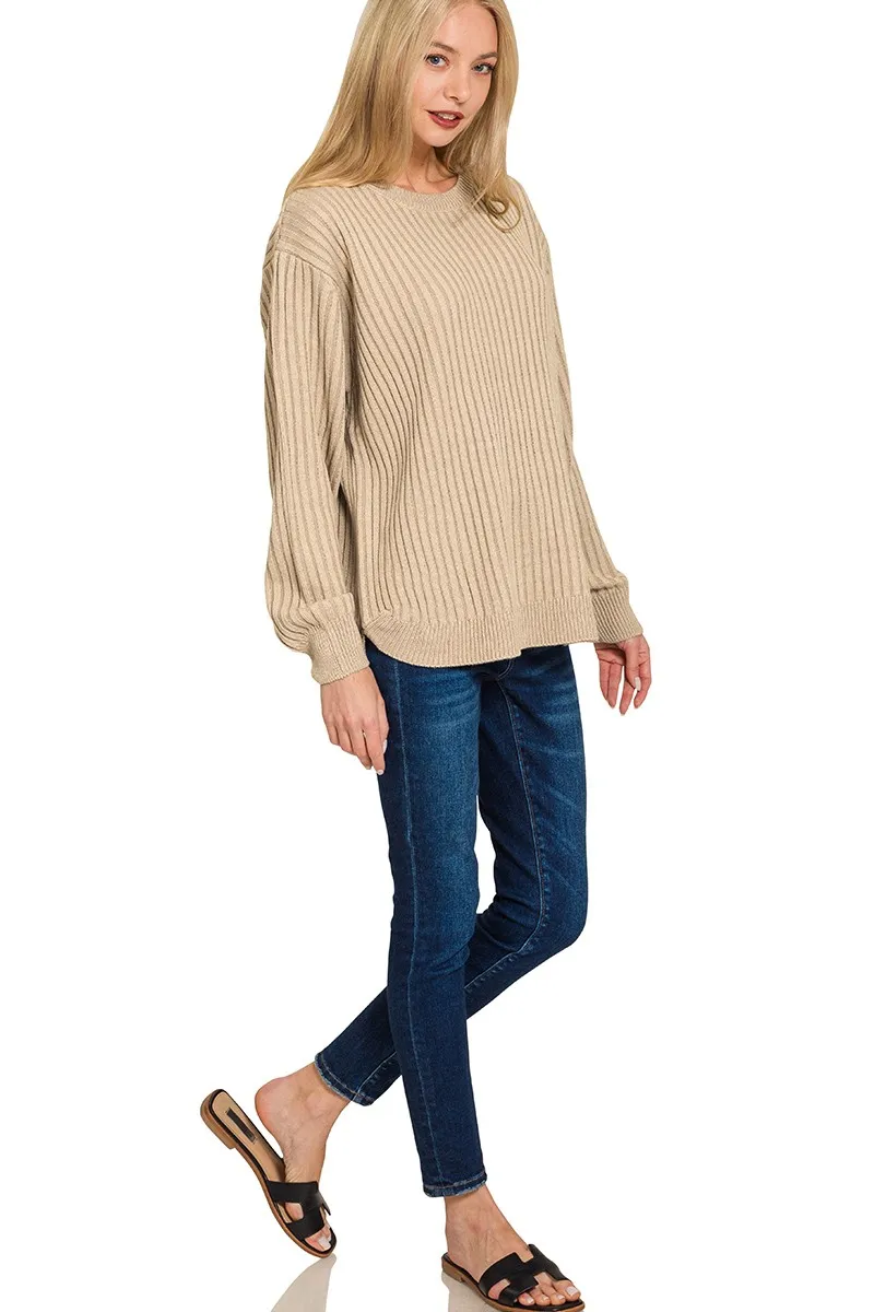 Curved Hem Two-Tone Ribbed Sweater, image 2