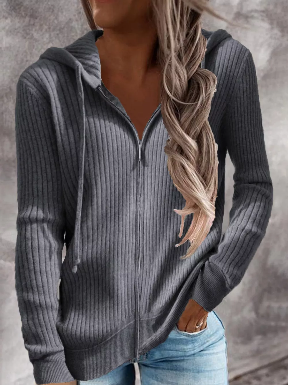 Full Size Ribbed Knit Zip-Up Hooded Cardigan Plus Size, image 7