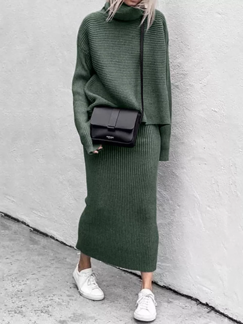 Ribbed Turtleneck Sweater Set with Matching Midi Skirt, image 12