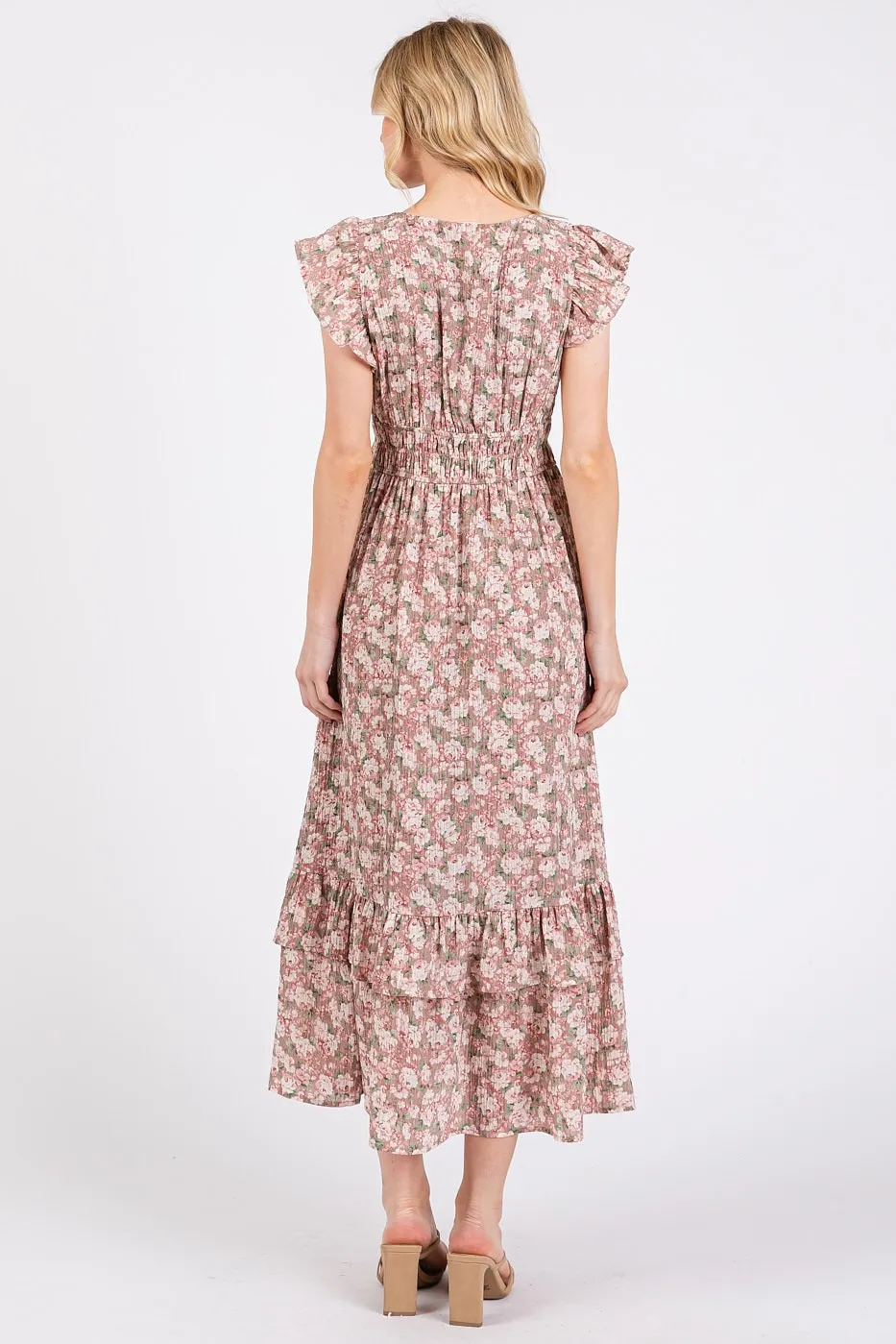 Flower Print Ruffle Cap Sleeve V-neck Midi Dress, image 5