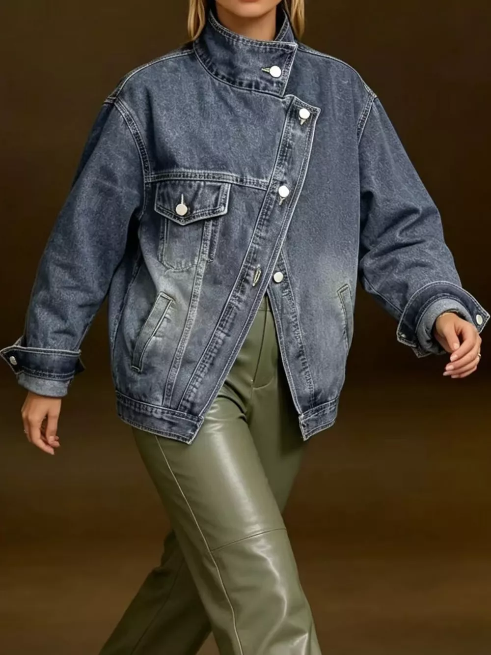 Full Size Asymmetric Button-Up Stand Collar Denim Jacket Plus Size, image 6