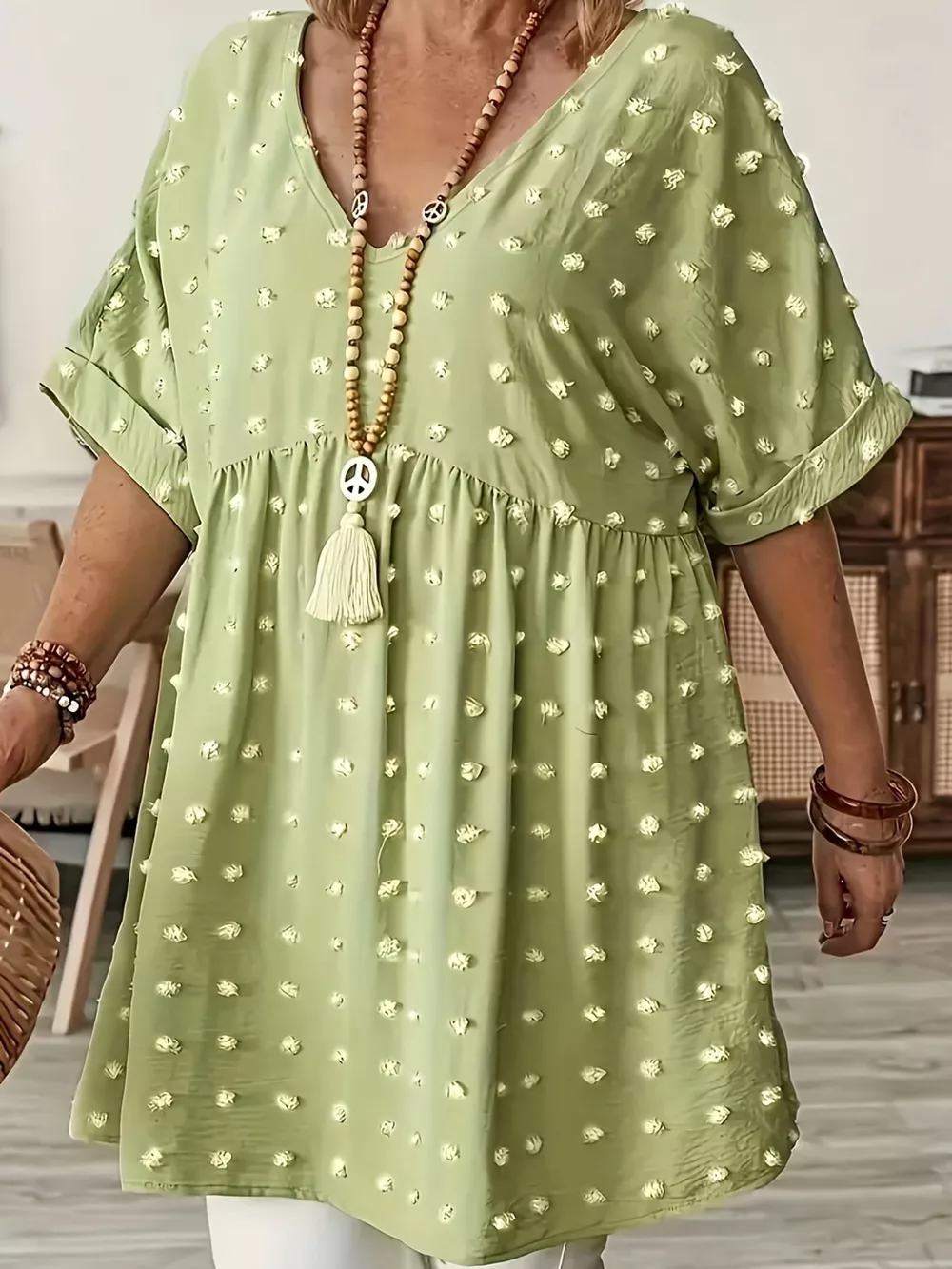Plus Size Swiss Dot V-Neck Casual Blouse, image 3