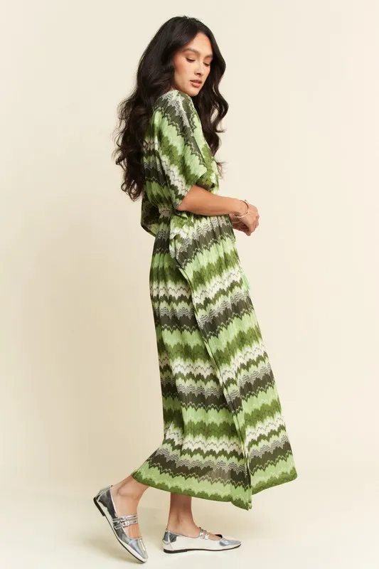 Multi Color Wavy Tie Waist Flowy Sleeve Dress, image 7