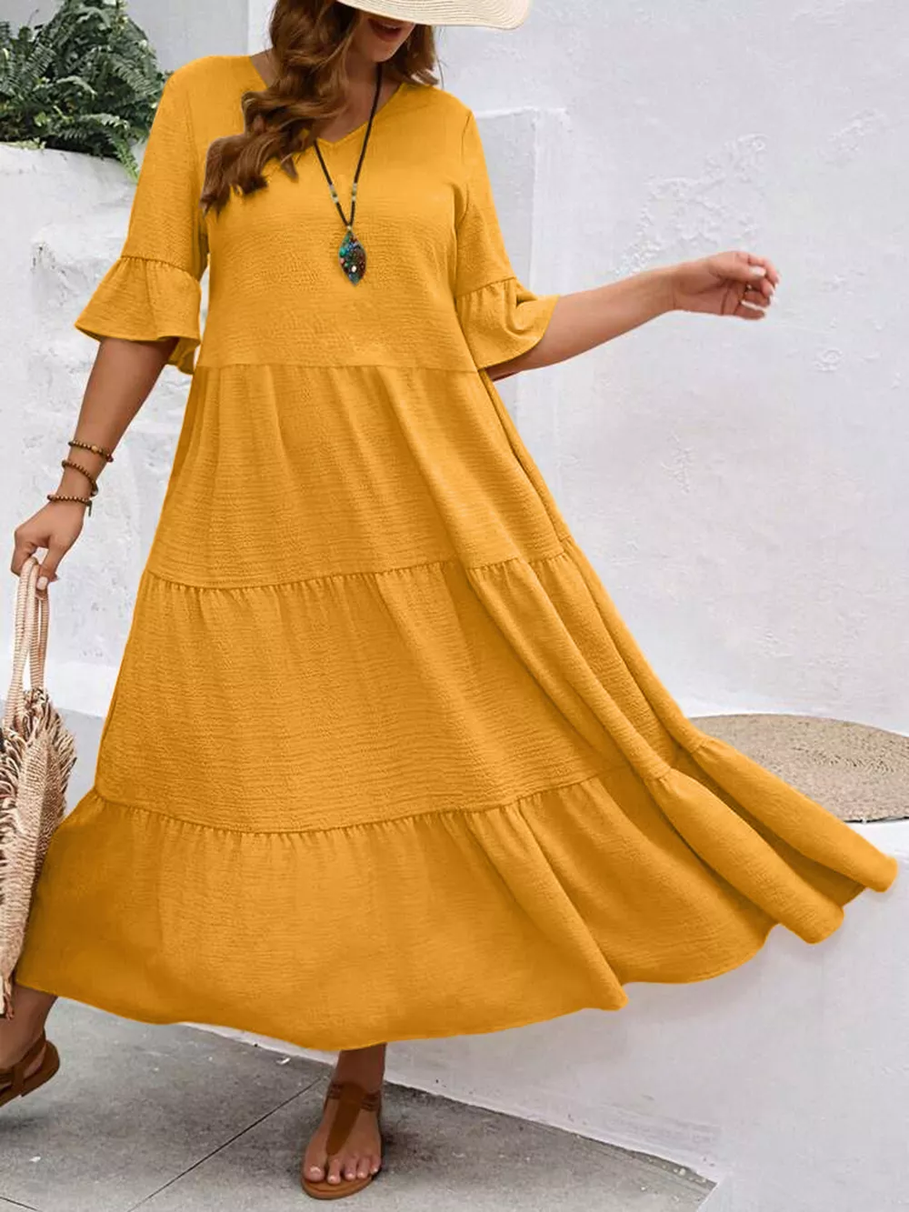 Plus Size Ruffle Sleeves Tiered Midi Dress, image 19