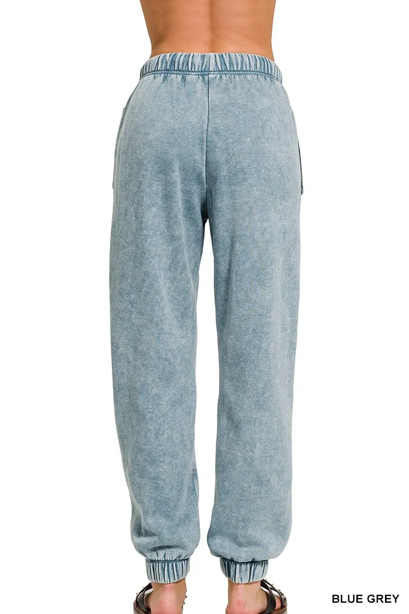 Acid Wash Fleece Sweatpants with Pockets, image 3