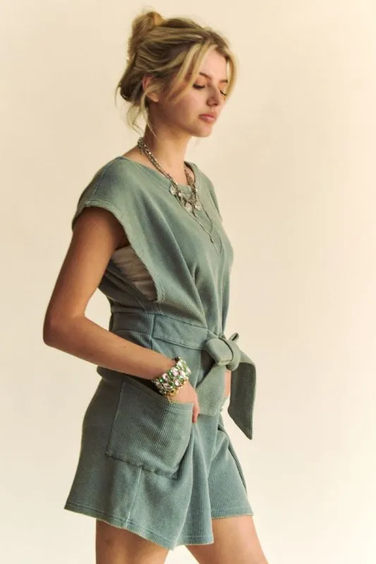 Acid-Washed Waffle Knit Cuffed Sleeves Romper, image 5