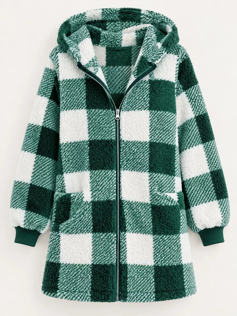 Full Size Plaid Sherpa Hooded Zip-Up Outerwear Plus Size, image 25