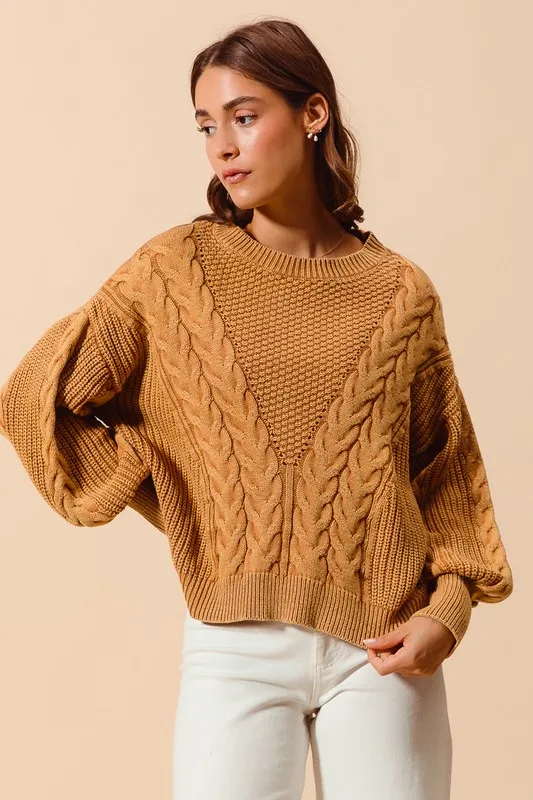 Mineral Washed Loose Fit Textured Cable Sweater, image 14