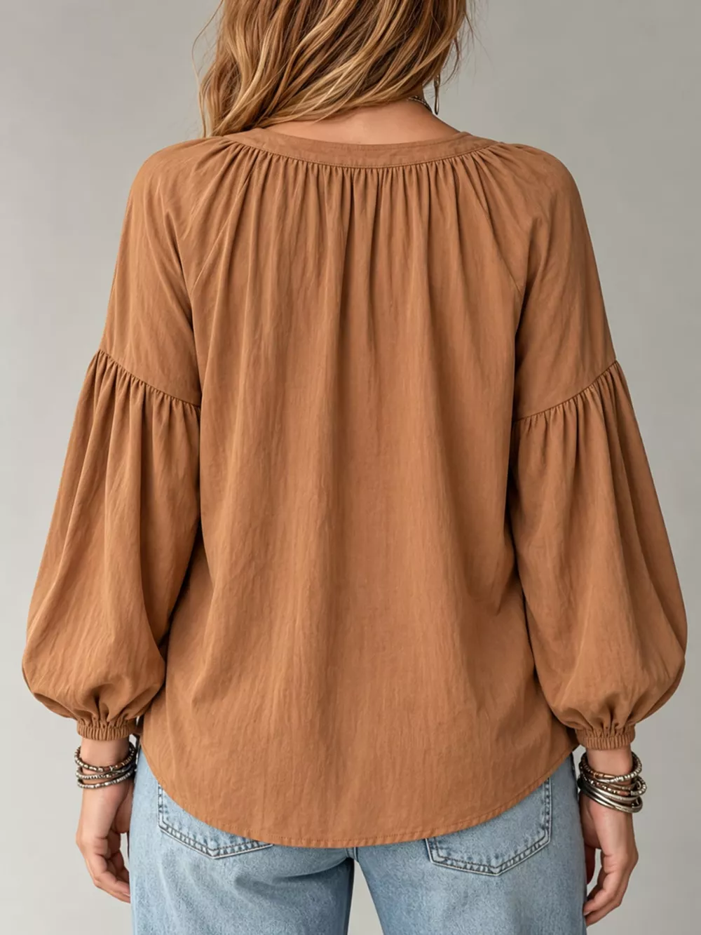 Full Size Notched Balloon Sleeve Blouse Plus Size, image 23