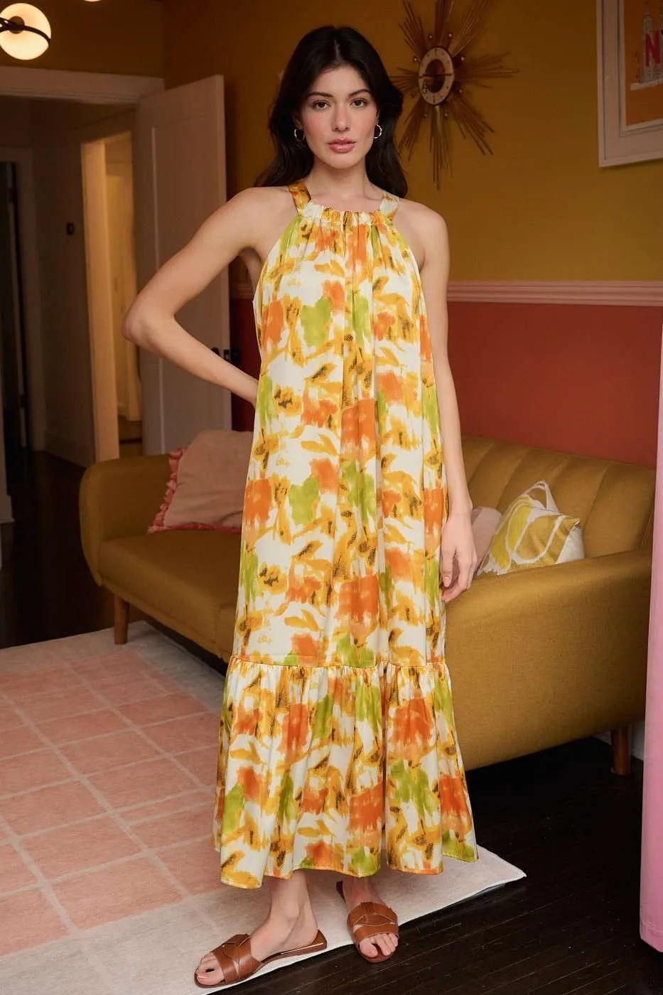 Watercolor Print Halter Neck Satin Maxi Dress, image 5