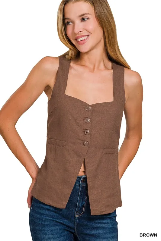 Linen Tie-back 4-button Vest with Lining
