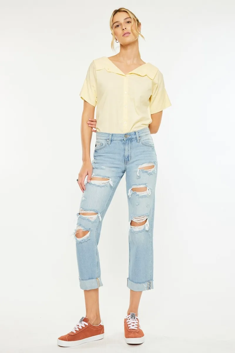 Mid Rise Distressed Boyfriend Jeans