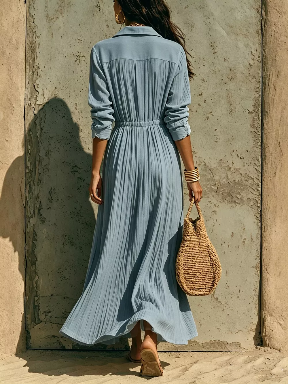 Full Size Textured Button Front Long Sleeve Maxi Dress Plus Size, image 22