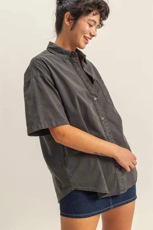 Short Sleeve Button Down Oversized Shirt, image 3