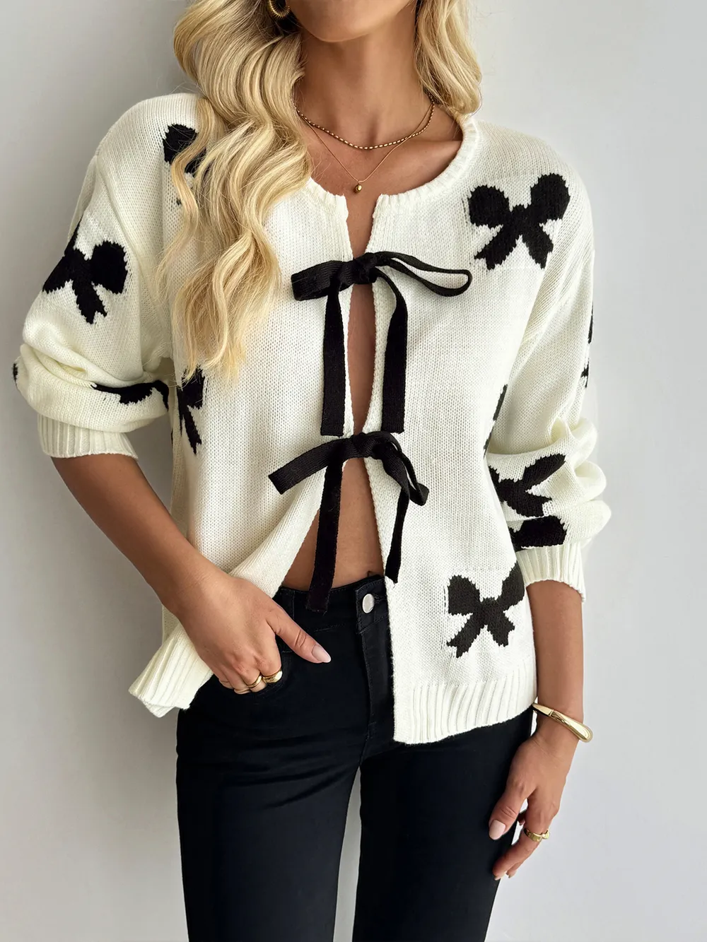 Bow Print Tie-Front Cardigan, image 8