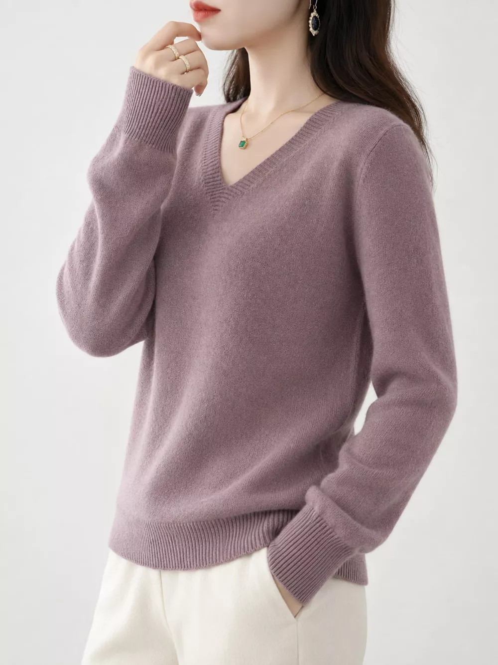 V-Neck Solid Color Sweater, image 38