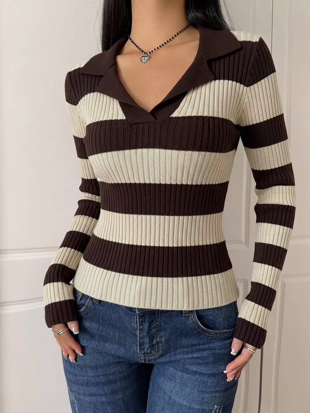 Striped Ribbed Knit Long Sleeve Sweater, image 2