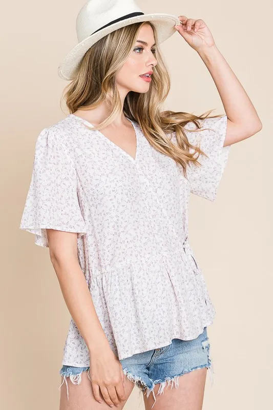 Ditsy Print V-Neck Short Sleeve Wrap Blouse, image 5