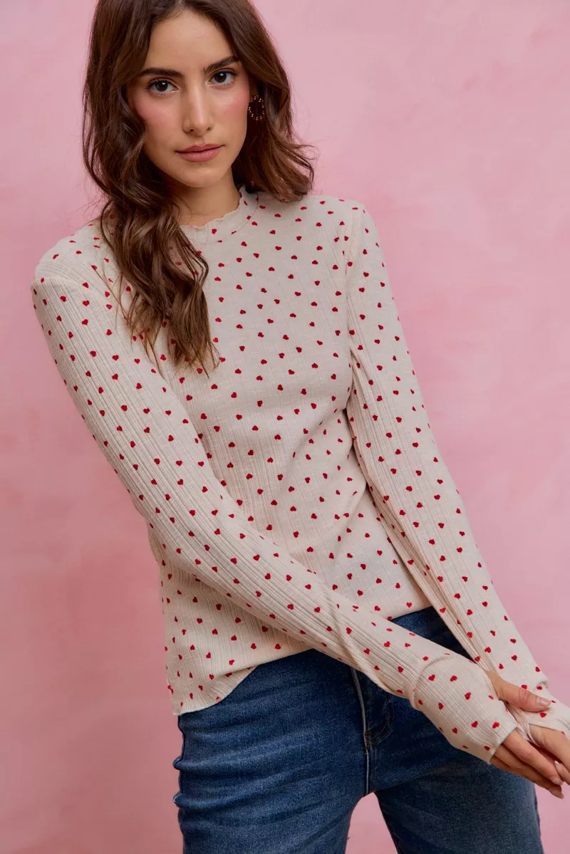 Ditsy Heart All Over Slub Rib Knit Valentine Top, image 3