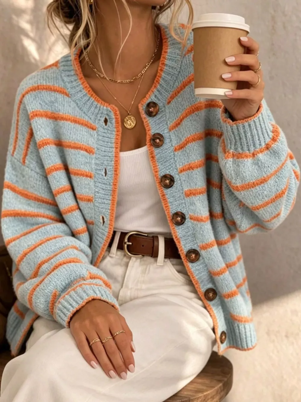 Striped Button-Down Knit Cardigan, image 3
