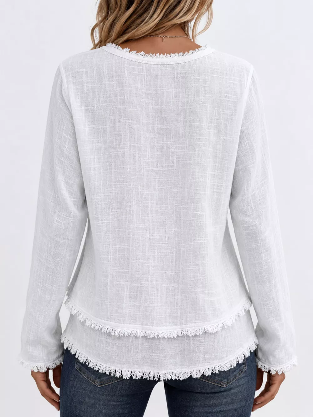 Full Size Frayed Hem V-Neck Blouse Plus Size, image 23