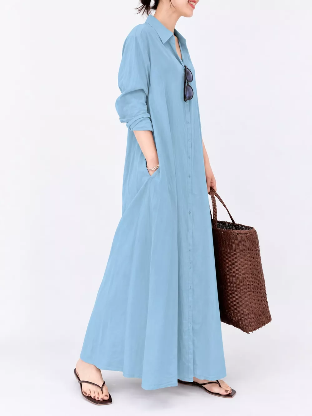Full Size Button Front Long Sleeve Maxi Shirt Dress Plus Size, image 16
