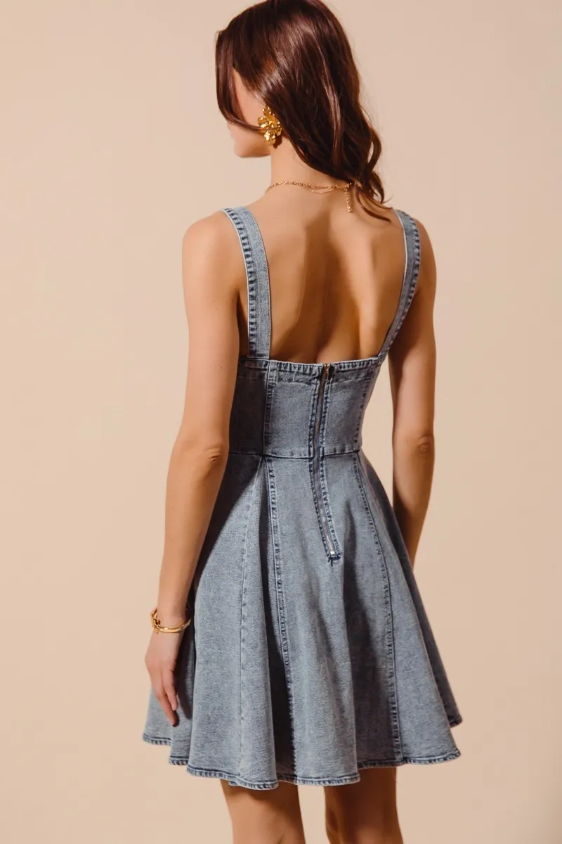 Mineral Washed Bow Ribbon Denim Flare Dress, image 8