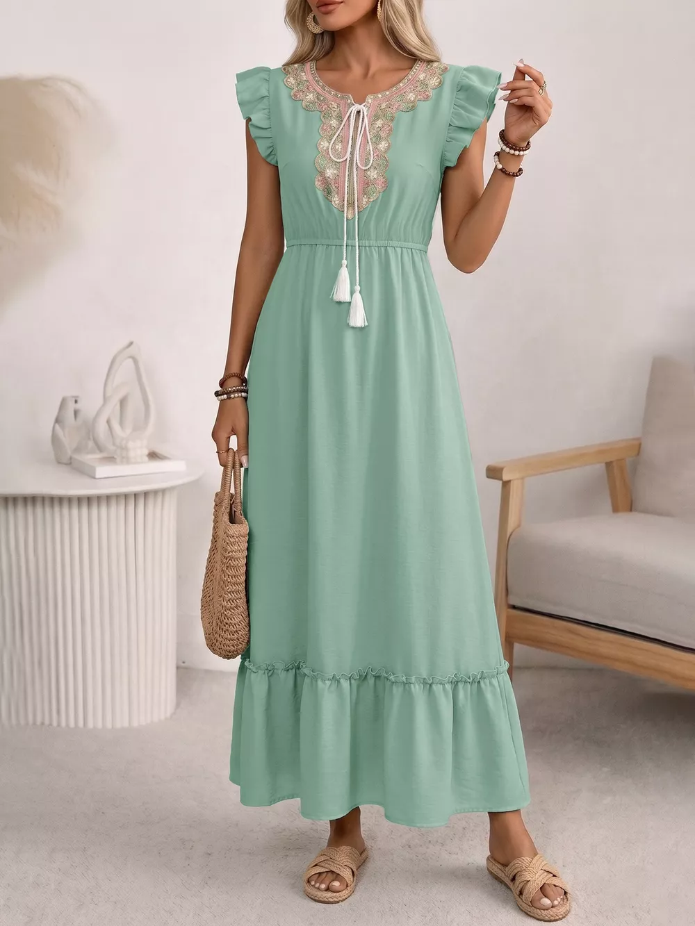Tie Neck Ruffle Sleeve Maxi Dress, image 3