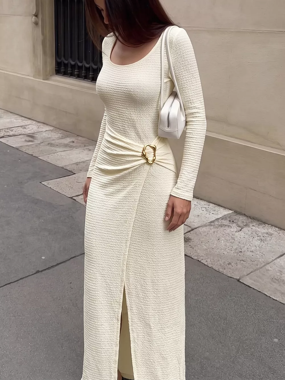 Elegant Long Sleeve Ruched Midi Dress, image 3
