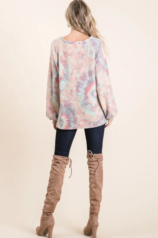 Brushed Tie Dye Print Top with Puff Sleeves, image 12