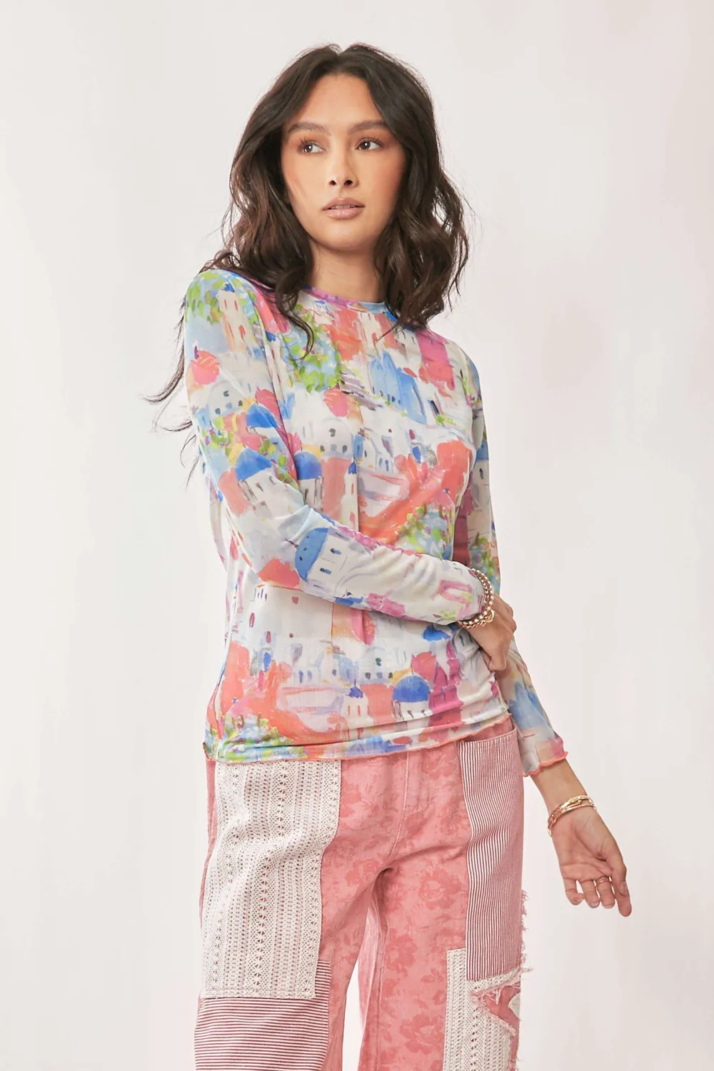 Multi Printed Mesh Round Neck Long Sleeve Top, image 7