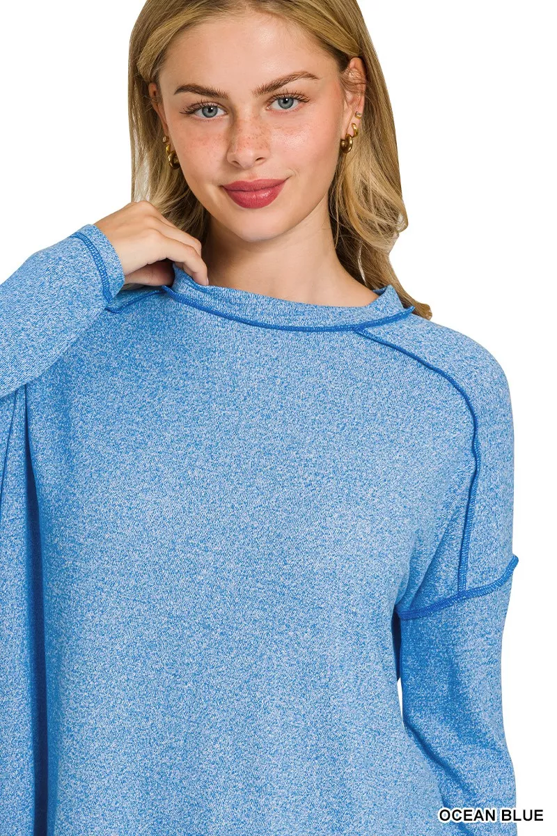 Full Size Melange Hacci Exposed Seam Hi-low Tee Plus Size, image 3