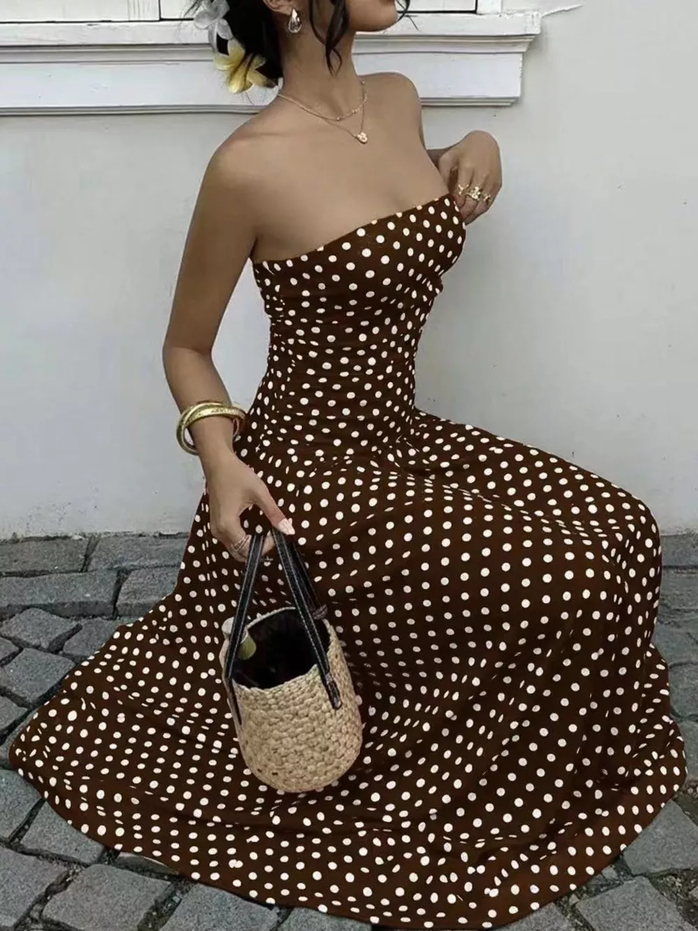 Strapless Polka Dot Ruched Maxi Dress, image 24