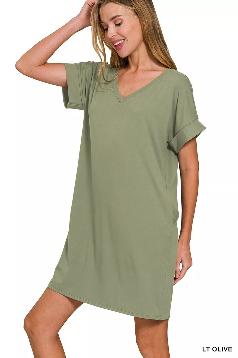 Brushed Dty Rolled Short Sleeve V-Neck Dress, image 4