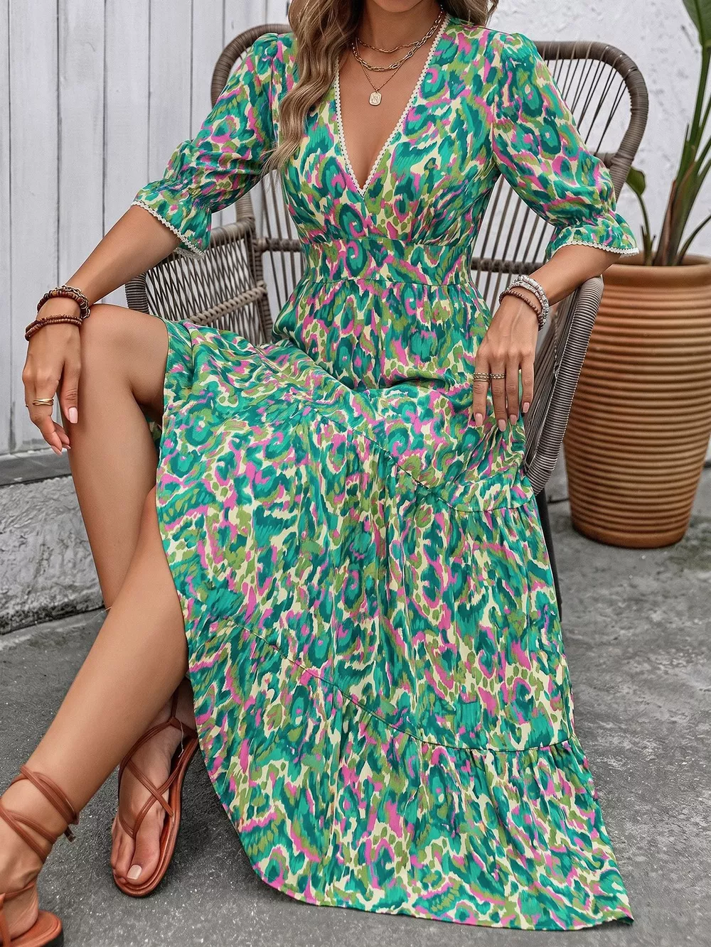Printed V-Neck Flounce Sleeve Dress, image 5