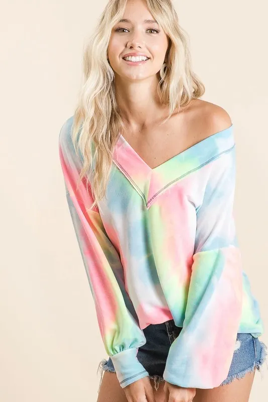 Tie Dye French Terry V-Neck Top with Puff Sleeves, image 5