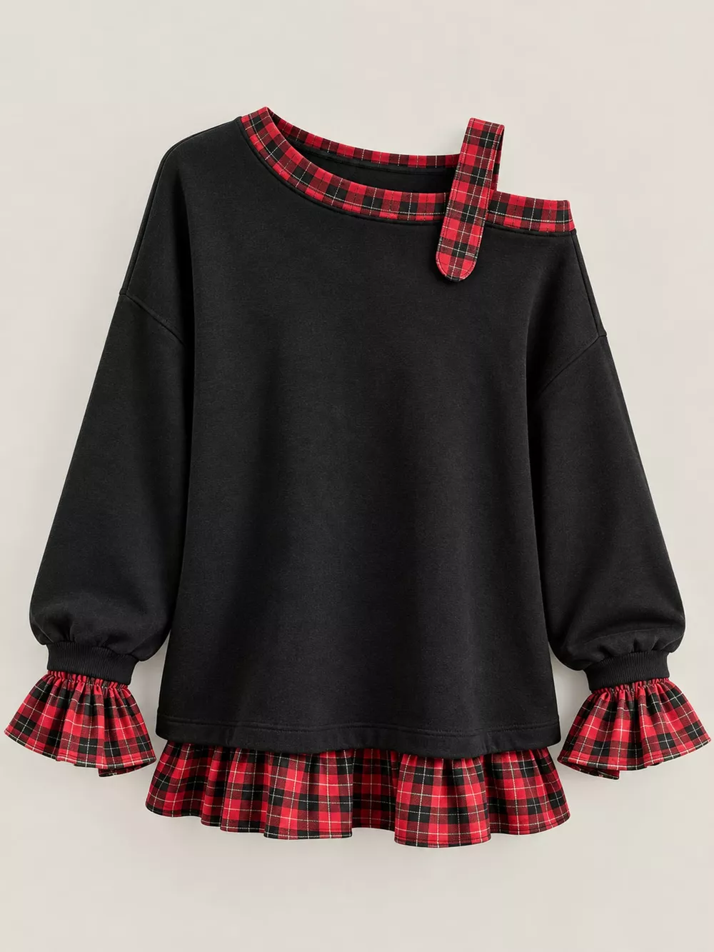 Full Size Plaid Ruffled Hem Asymmetrical Neck Sweatshirt Plus Size, image 12
